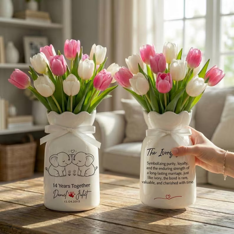 Ivory Anniversary Flower Vase – Personalized 14th Wedding Anniversary Gift for Couples