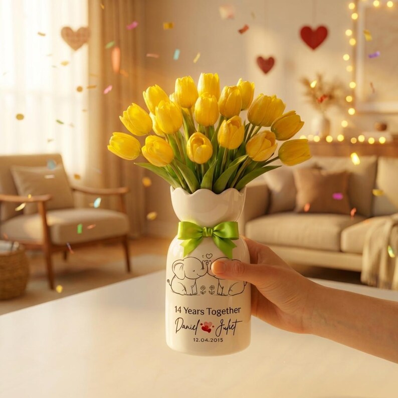 Ivory Anniversary Flower Vase – Personalized 14th Wedding Anniversary Gift for Couples