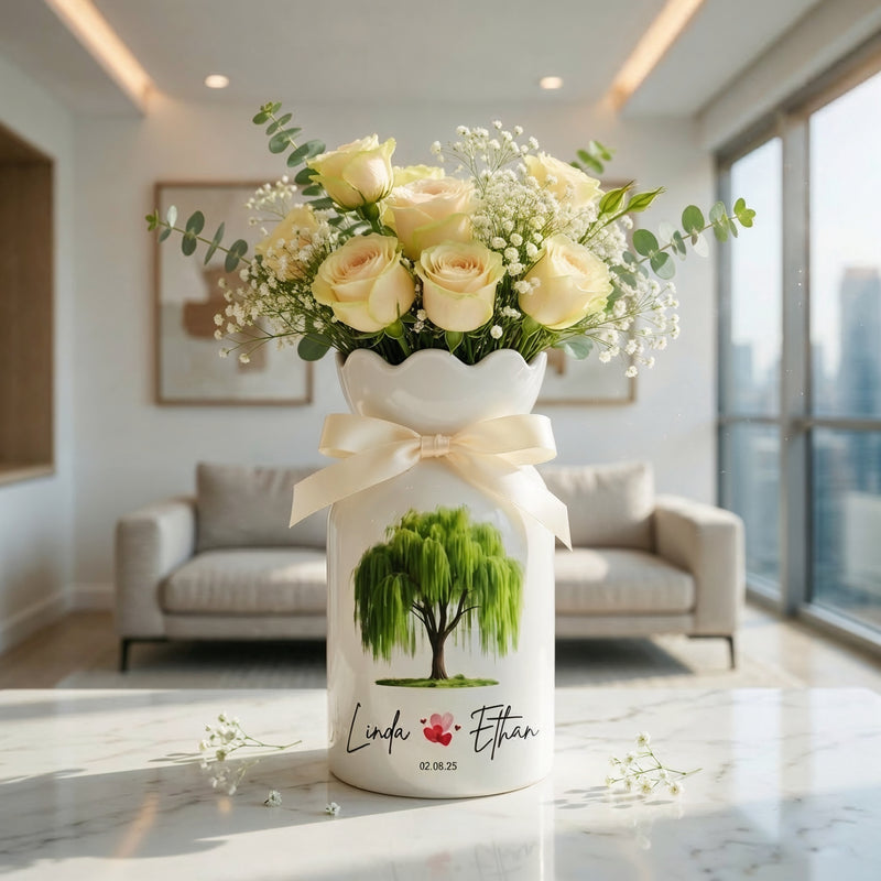 Personalized 9th Anniversary Willow Tree Flower Vase – Custom Ceramic Anniversary Gift for Wife & Couples