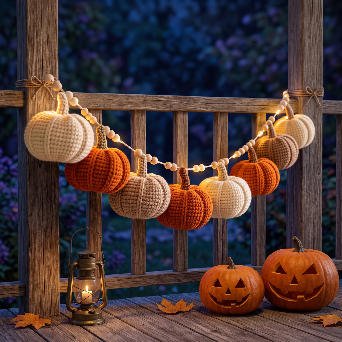 Handmade Autumn Crochet Bunting with Pumpkin LED Garland