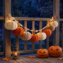 Handmade Autumn Crochet Bunting with Pumpkin LED Garland