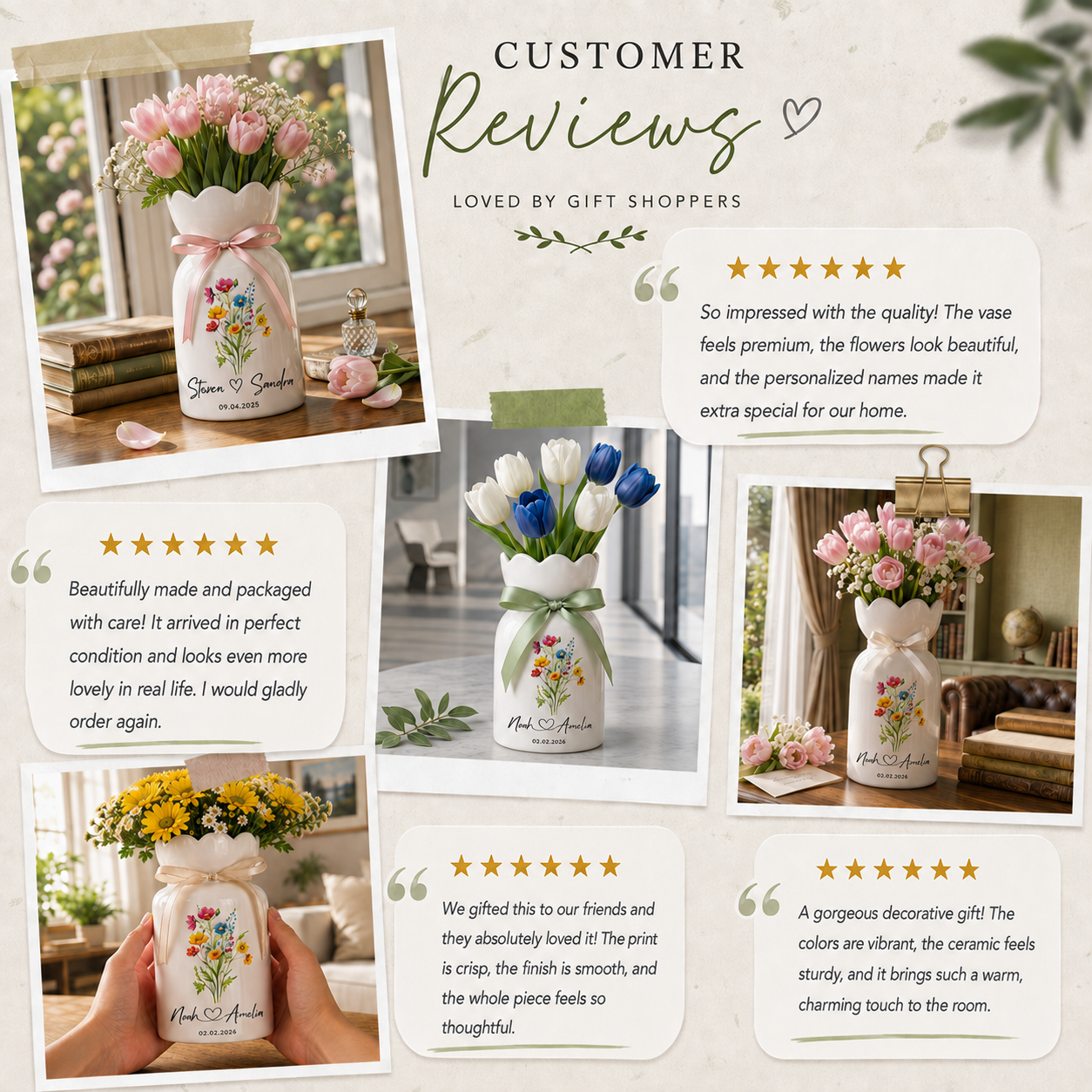 Personalized Wedding Flower Vase, Custom Birth Flower Couple Gift with Names & Wedding Date