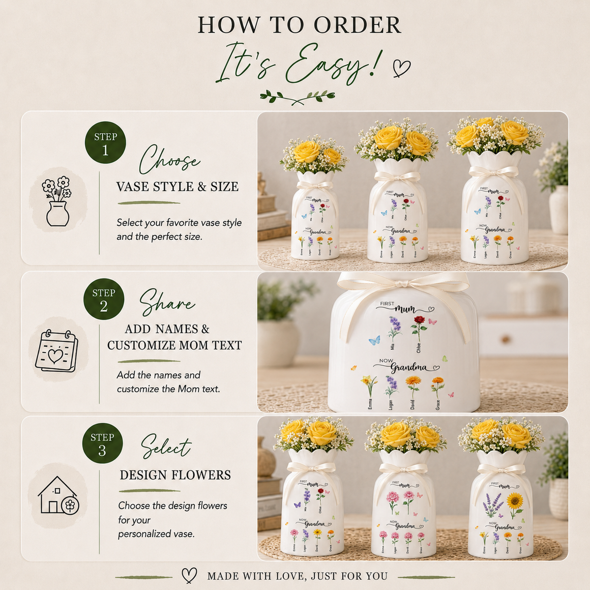 Custom First Mom Now Grandma Ceramic Flower Vase – Personalized Birth Month Flower Grandma’s Garden Gift