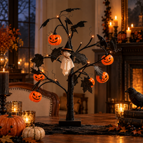 Lighted Black Halloween Table Tree with Ghost Pumpkin Ornaments