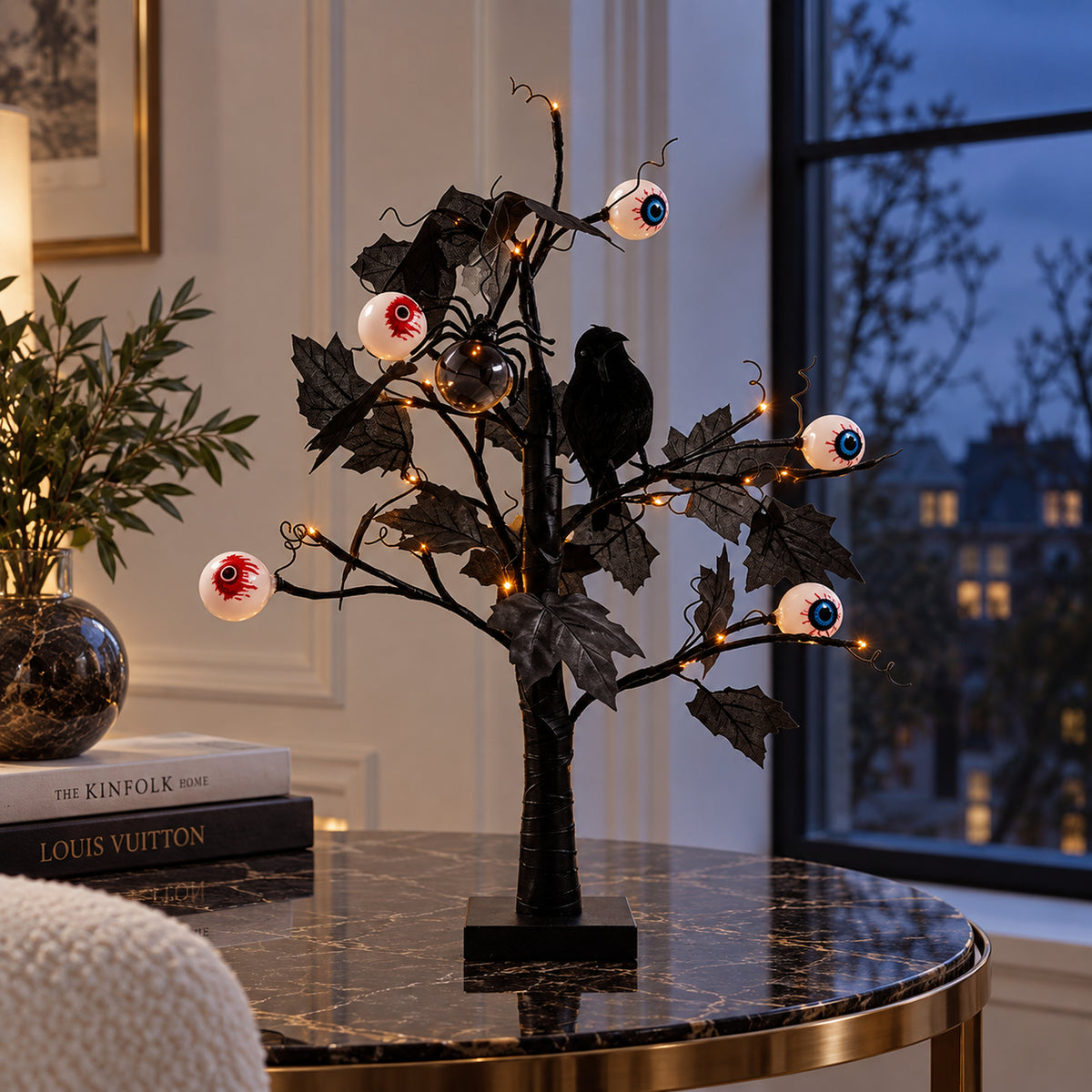 Lighted Black Halloween Eyeball & Crow LED Table Tree
