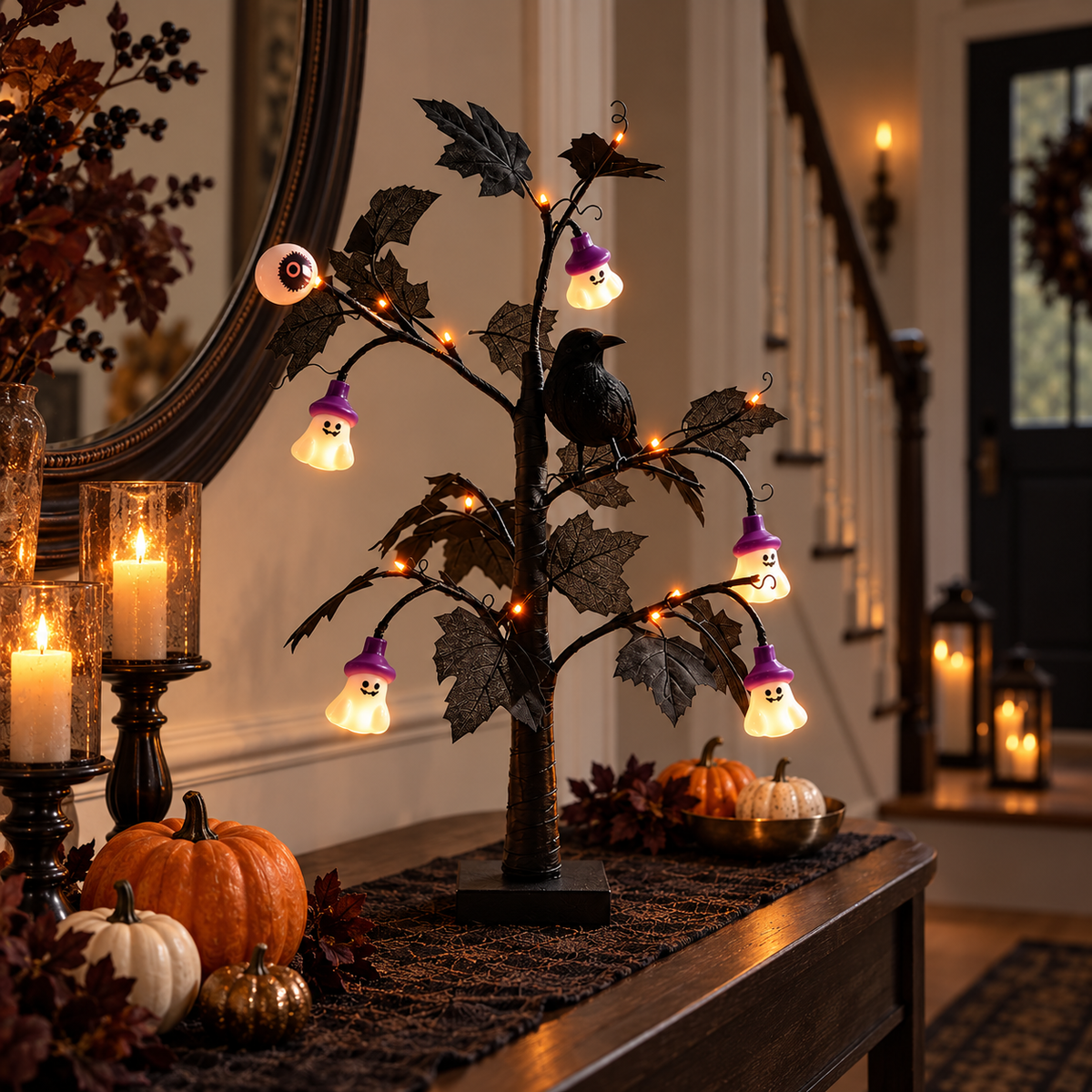 Halloween Black Lighted Tree with Crow & Eyeball Decor