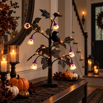 Halloween Black Lighted Tree with Crow & Eyeball Decor
