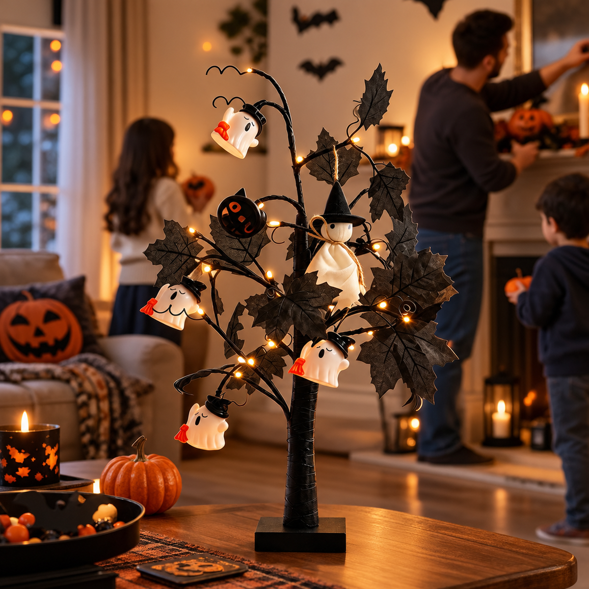 Lighted Black Halloween Table Tree with Mini Ghost Ornaments