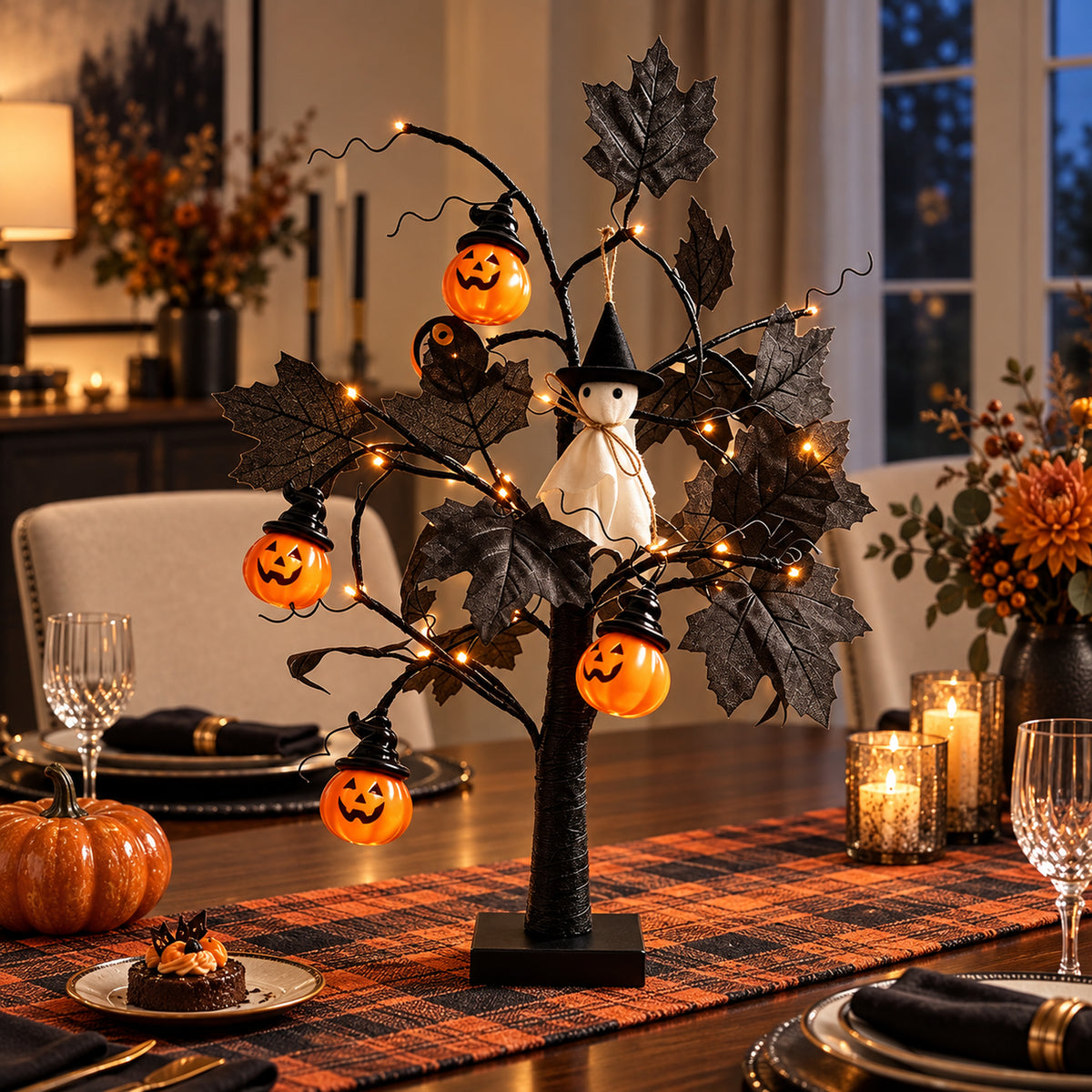 Lighted Black Halloween Table Tree with Pumpkin Ghost Ornaments