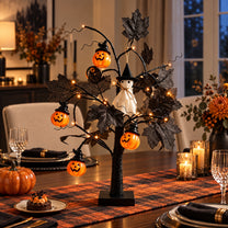 Lighted Black Halloween Table Tree with Pumpkin Ghost Ornaments