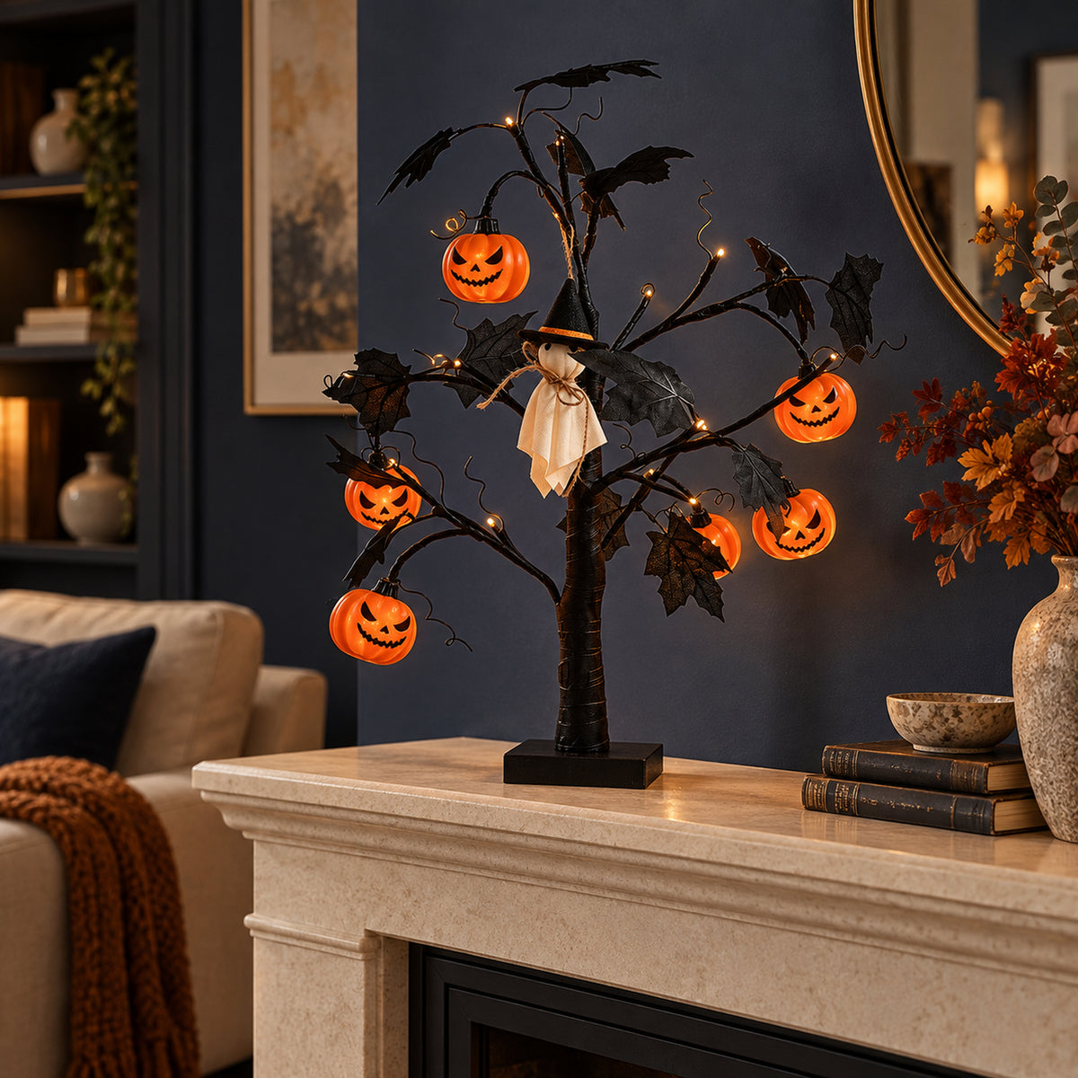 Lighted Black Halloween Table Tree with Ghost Pumpkin Ornaments