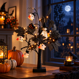 Lighted Black Halloween Table Tree with Mini Ghost Ornaments