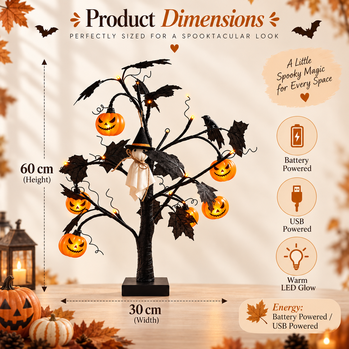 Lighted Black Halloween Table Tree with Ghost Pumpkin Ornaments