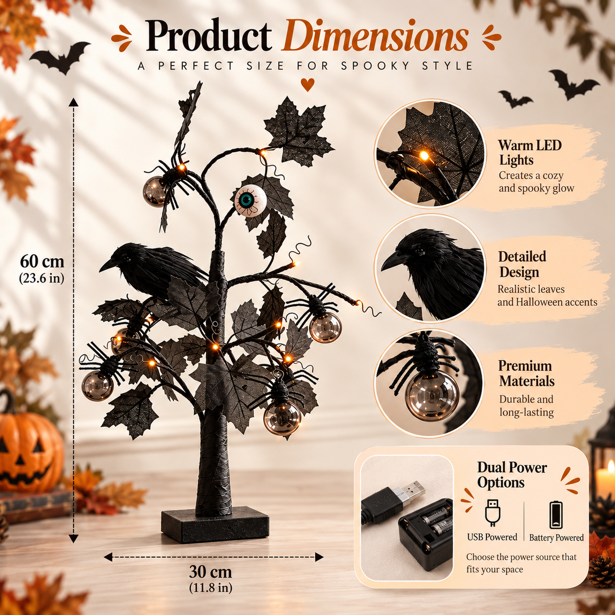 Lighted Black Halloween Eyeball Tree Spooky Tabletop Decor