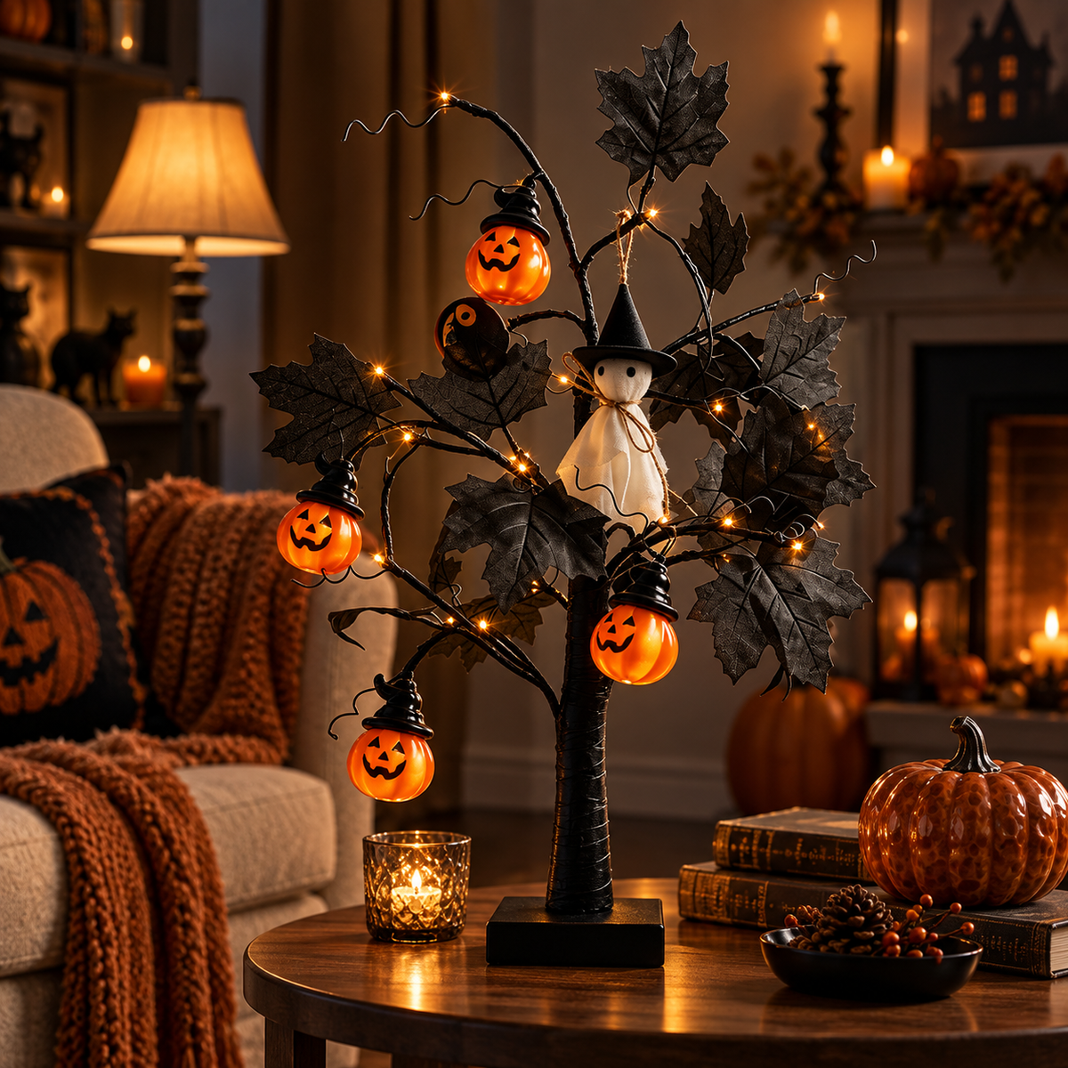 Lighted Black Halloween Table Tree with Pumpkin Ghost Ornaments