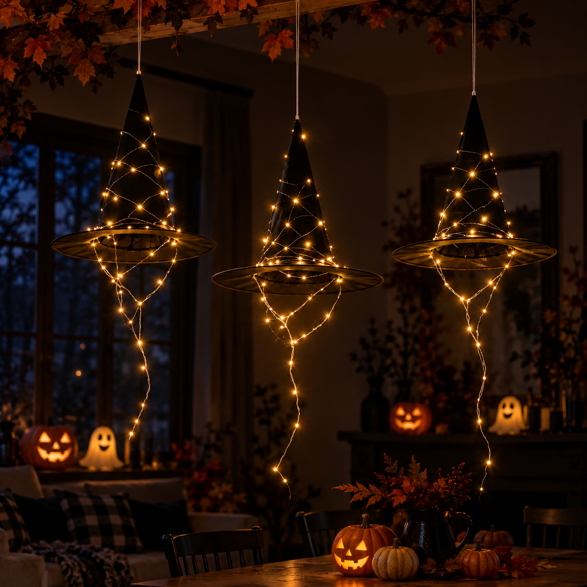 Hanging Witch Hat LED Lights – Floating Black Witch Hats for Halloween Decor