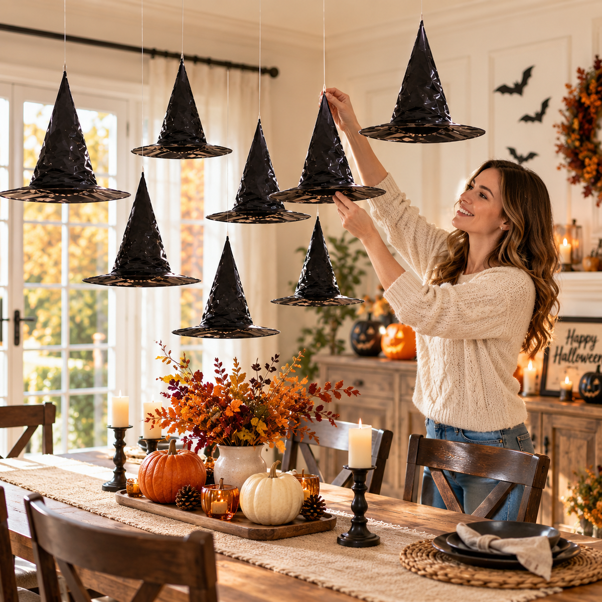 Hanging Witch Hats Halloween Decor Floating Black Hats
