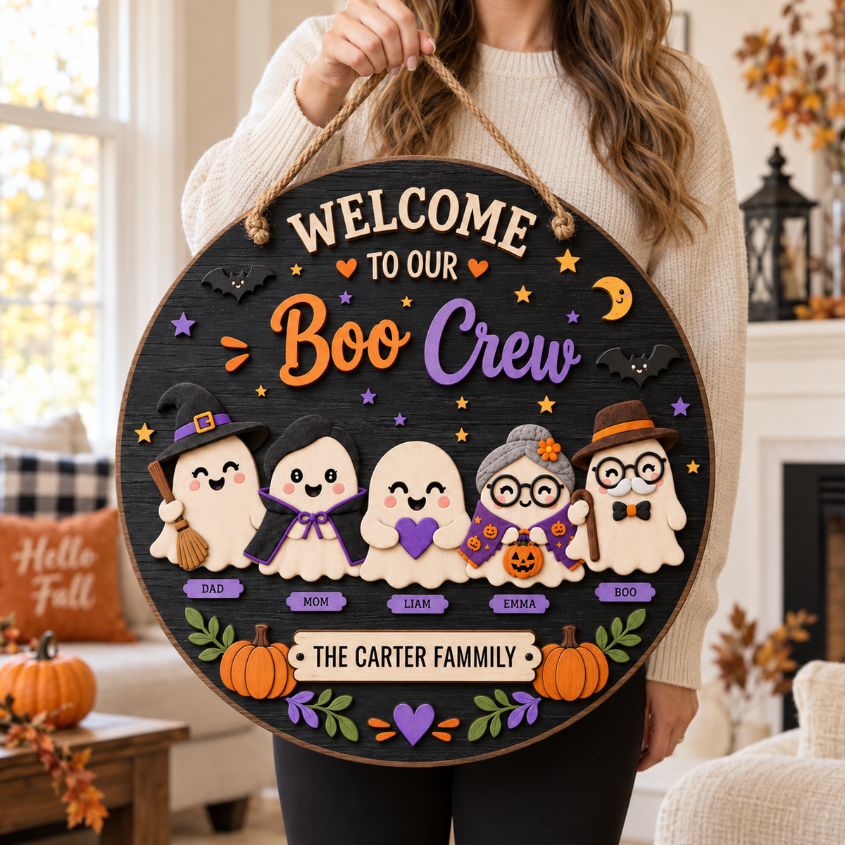 Personalized Boo Crew Halloween Door Hanger Wall Sign