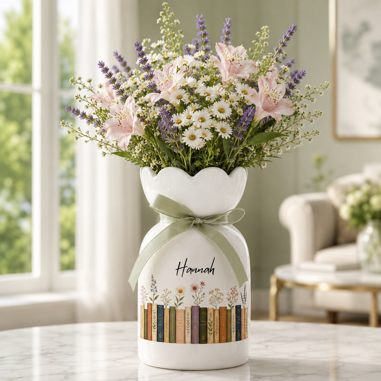 Personalized Vintage Bookshelf Library Ceramic Flower Vase – Book Lover Gift