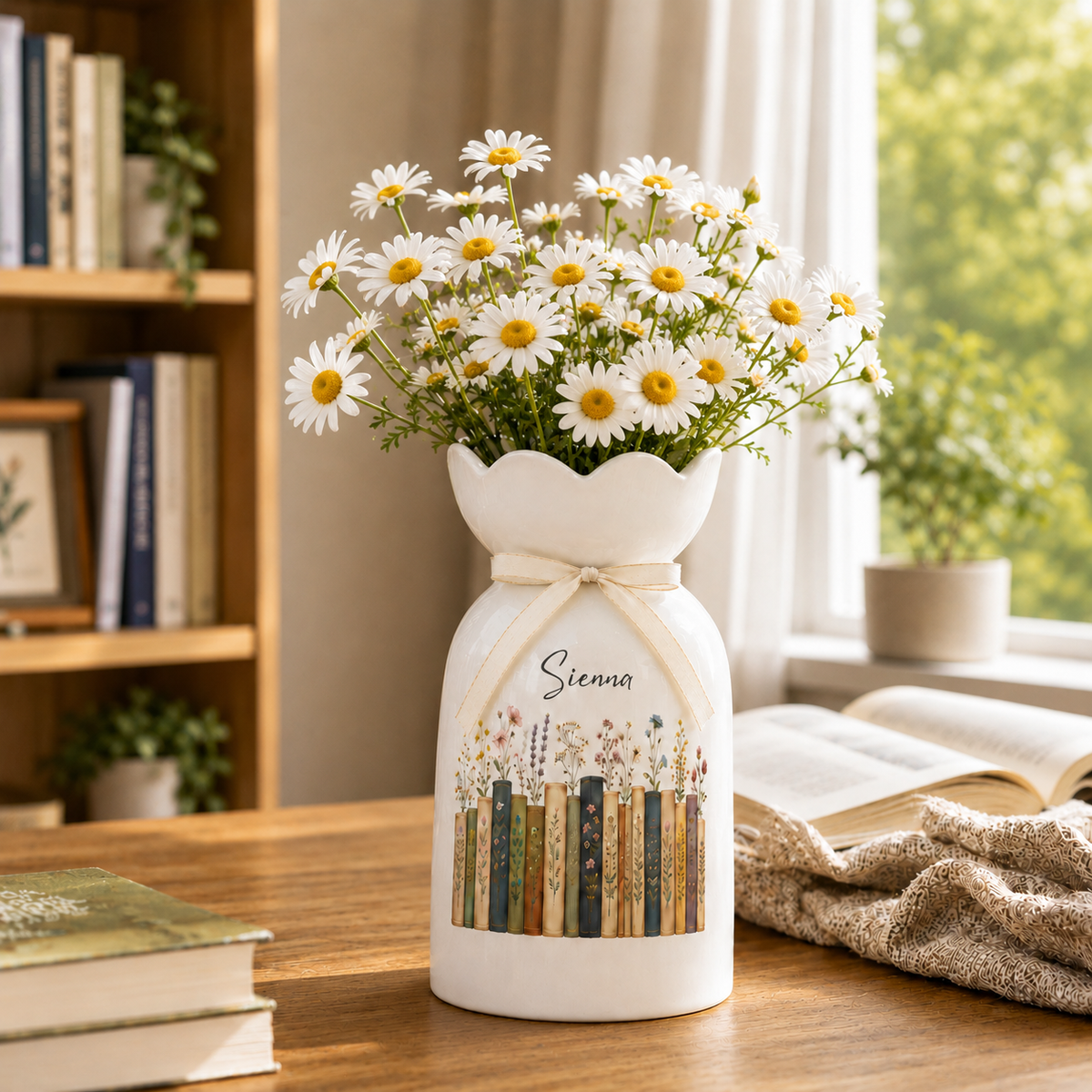 Personalized Vintage Bookshelf Library Ceramic Flower Vase – Book Lover Gift