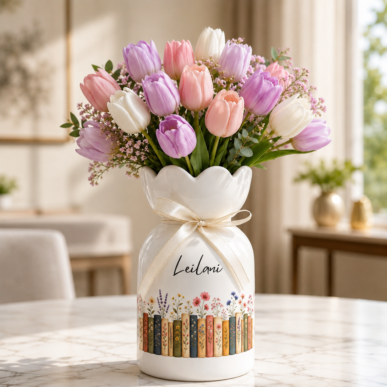 Personalized Vintage Bookshelf Library Ceramic Flower Vase – Book Lover Gift