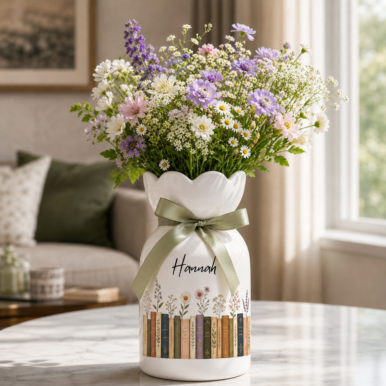 Personalized Vintage Bookshelf Library Ceramic Flower Vase – Book Lover Gift
