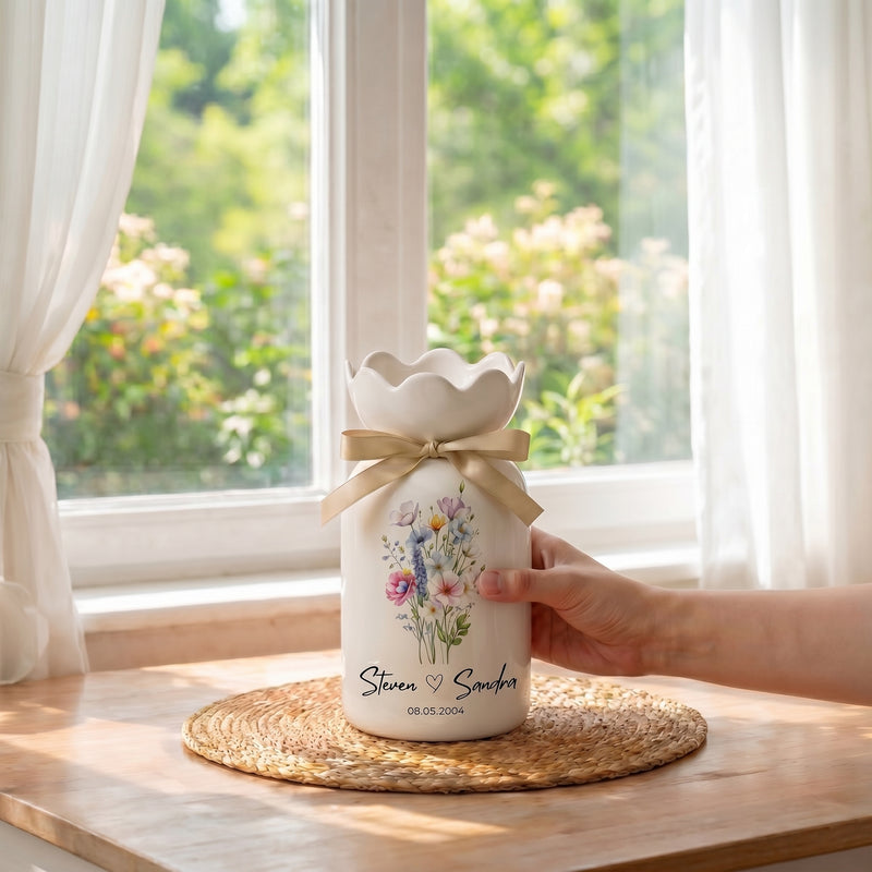 Personalized Wedding Flower Vase, Custom Birth Flower Couple Gift with Names & Wedding Date