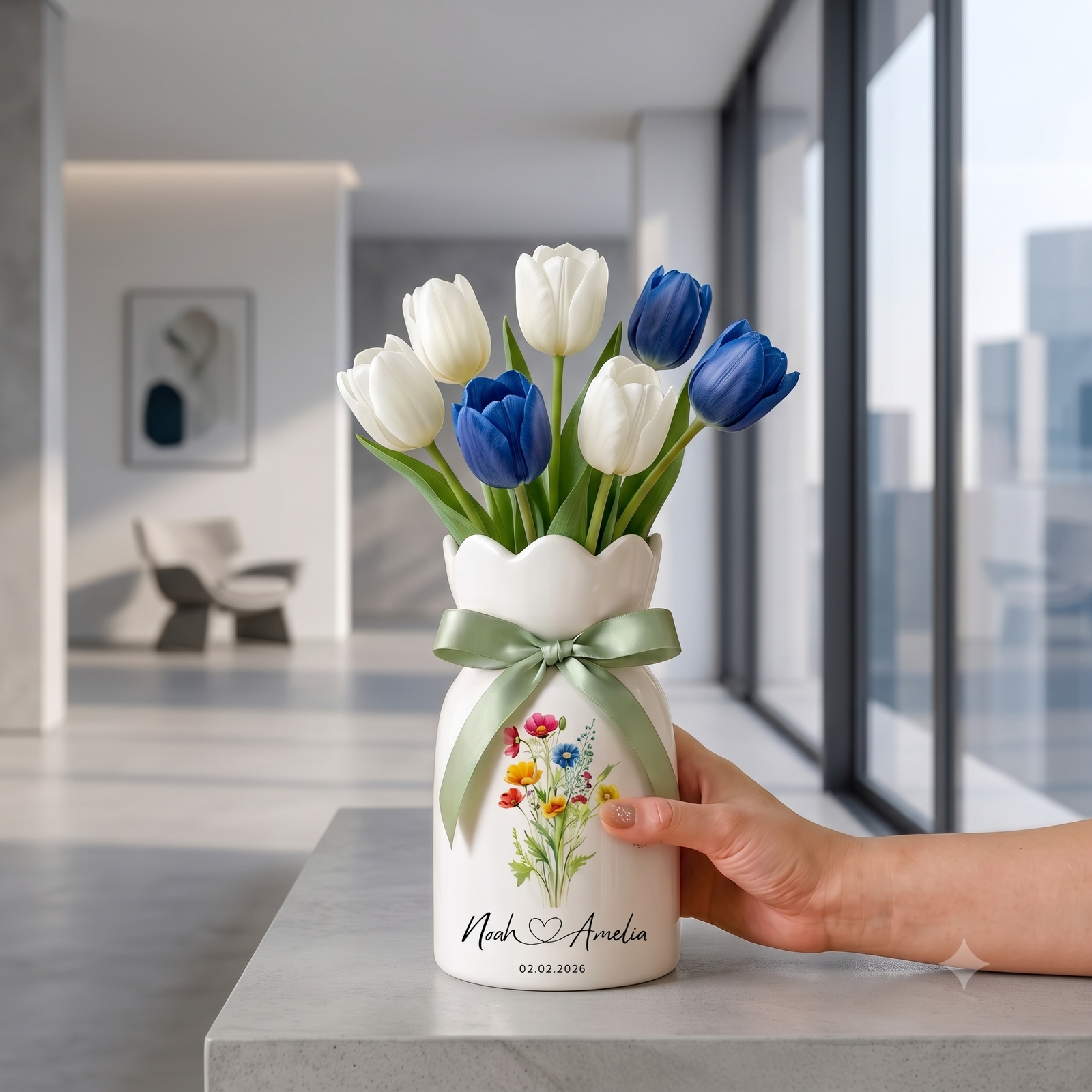 Personalized Wedding Flower Vase, Custom Birth Flower Couple Gift with Names & Wedding Date