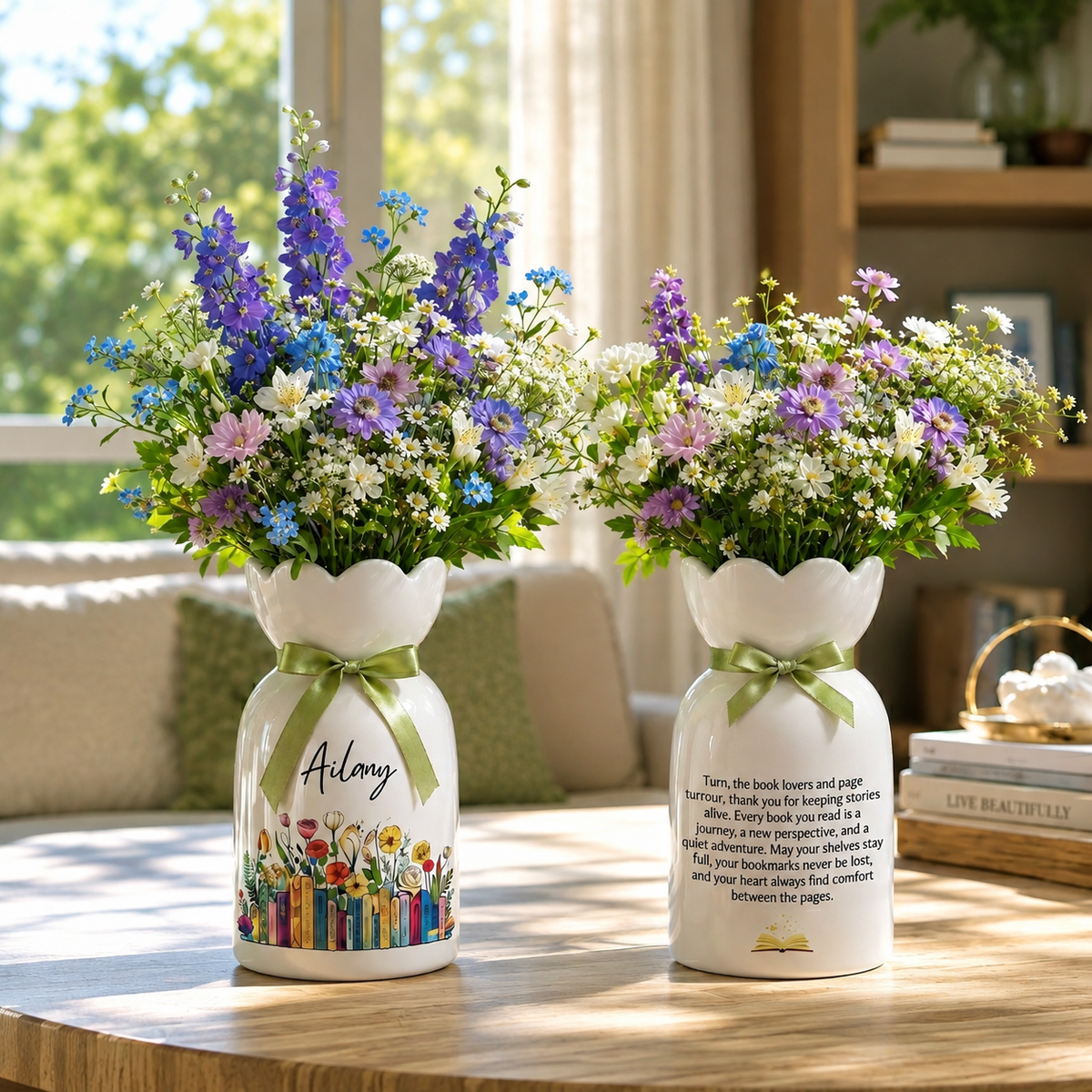 Personalized Vintage Bookshelf Library Ceramic Flower Vase – Book Lover Gift