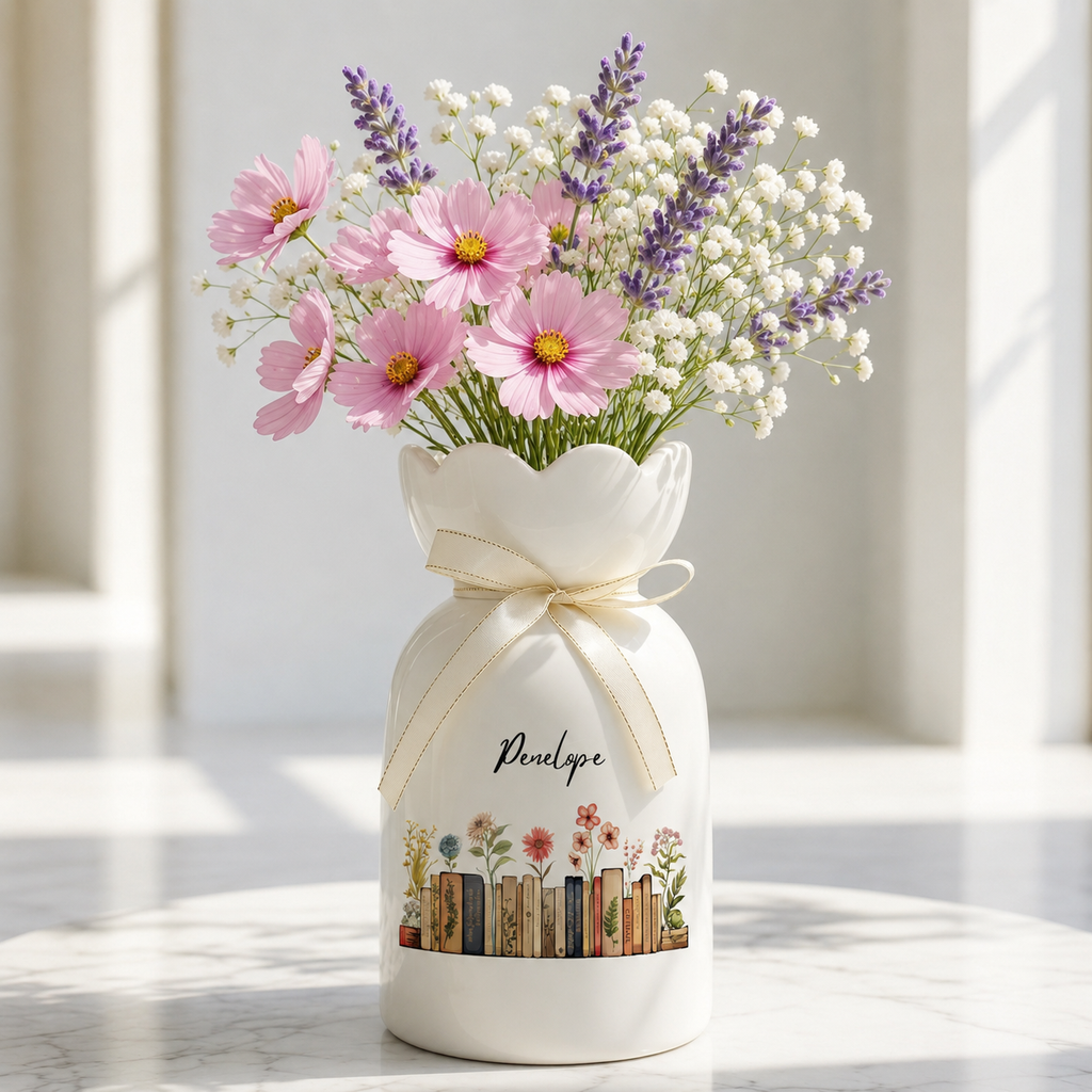Personalized Vintage Bookshelf Library Ceramic Flower Vase – Book Lover Gift