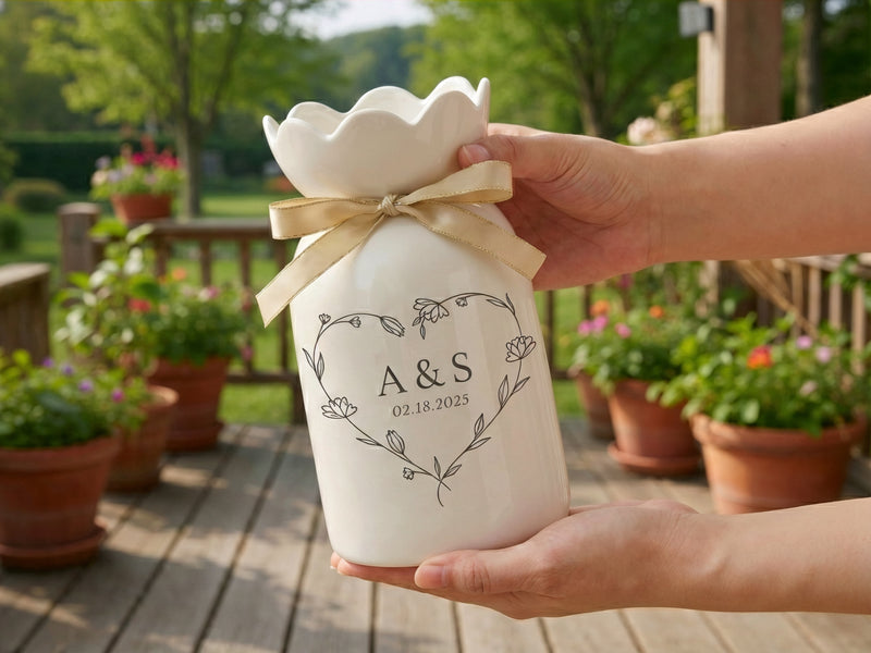 Custom Ceramic Botanical Flower Vase – Personalized Wedding Vase Gift for Couples