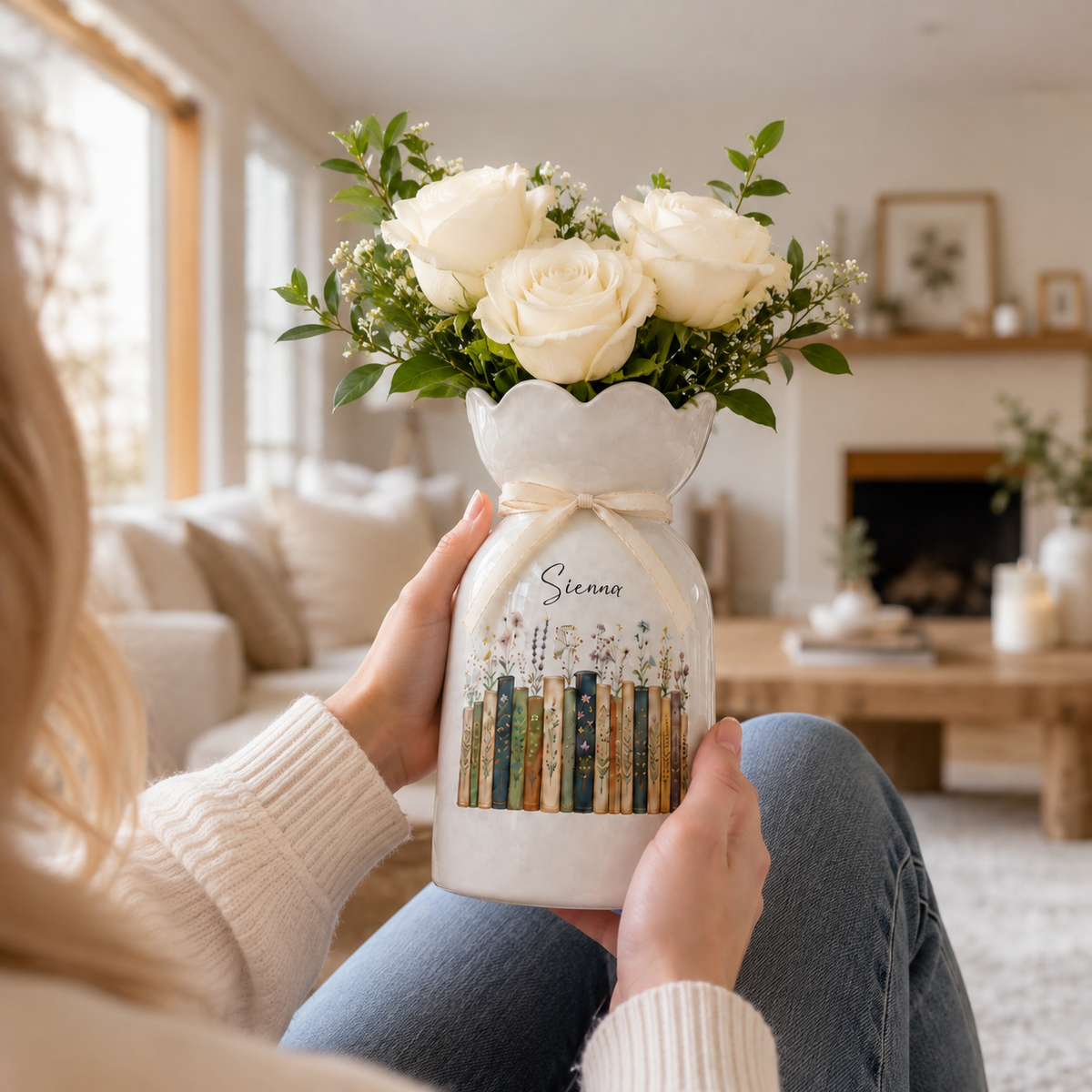 Personalized Vintage Bookshelf Library Ceramic Flower Vase – Book Lover Gift