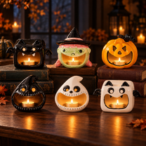 Halloween Ghost Pumpkin Ceramic Candle Holder / Lantern