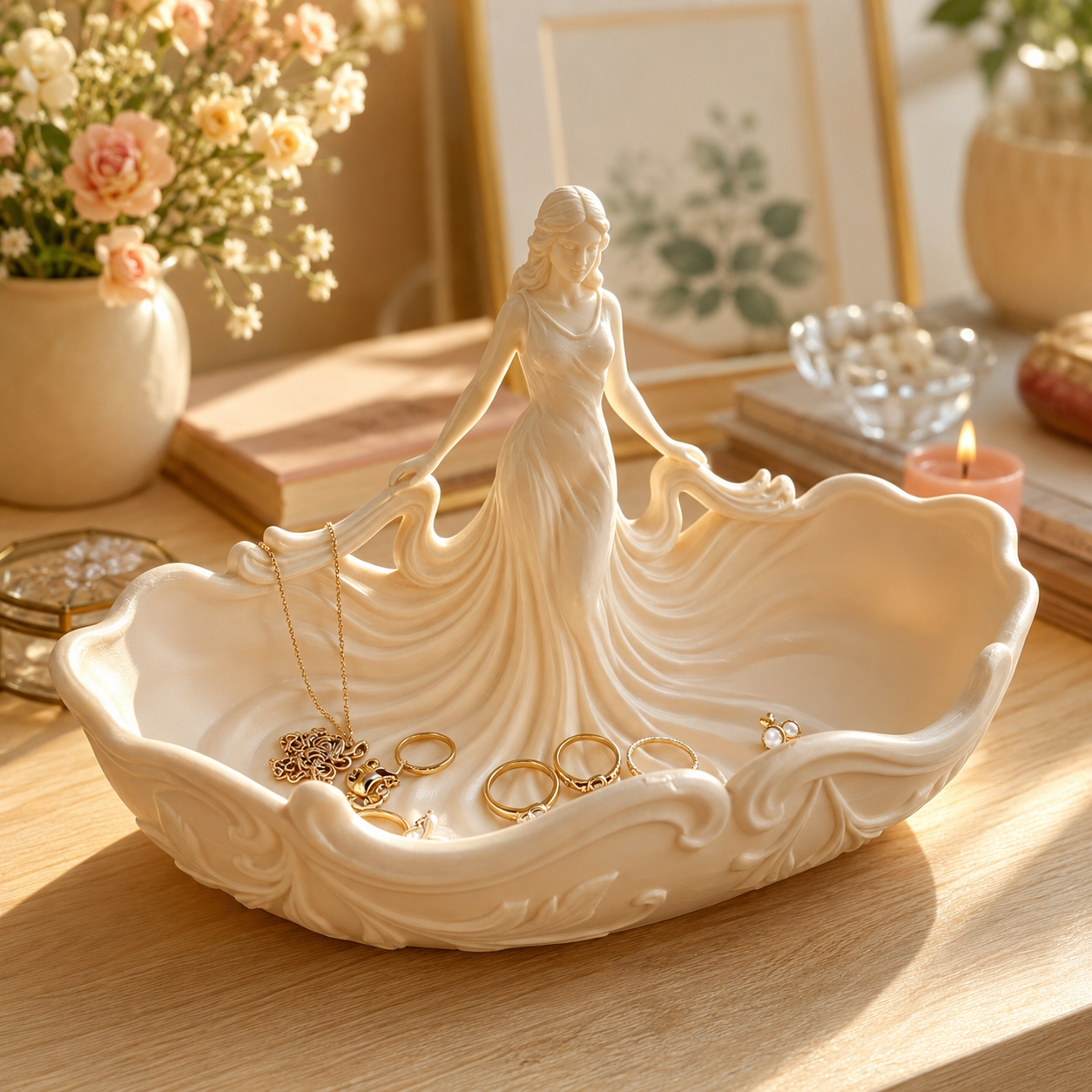 Elegant Woman Jewelry Dish – Pink Goddess Trinket Tray and Ceramic Ring Holder for Her