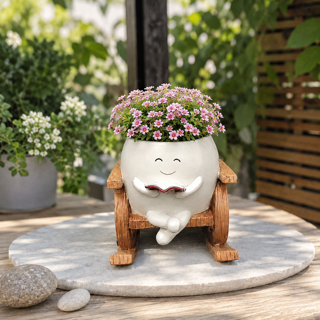 Resin Smiley Face Rocking Chair Planter – Whimsical Succulent Holder & Happy Decor