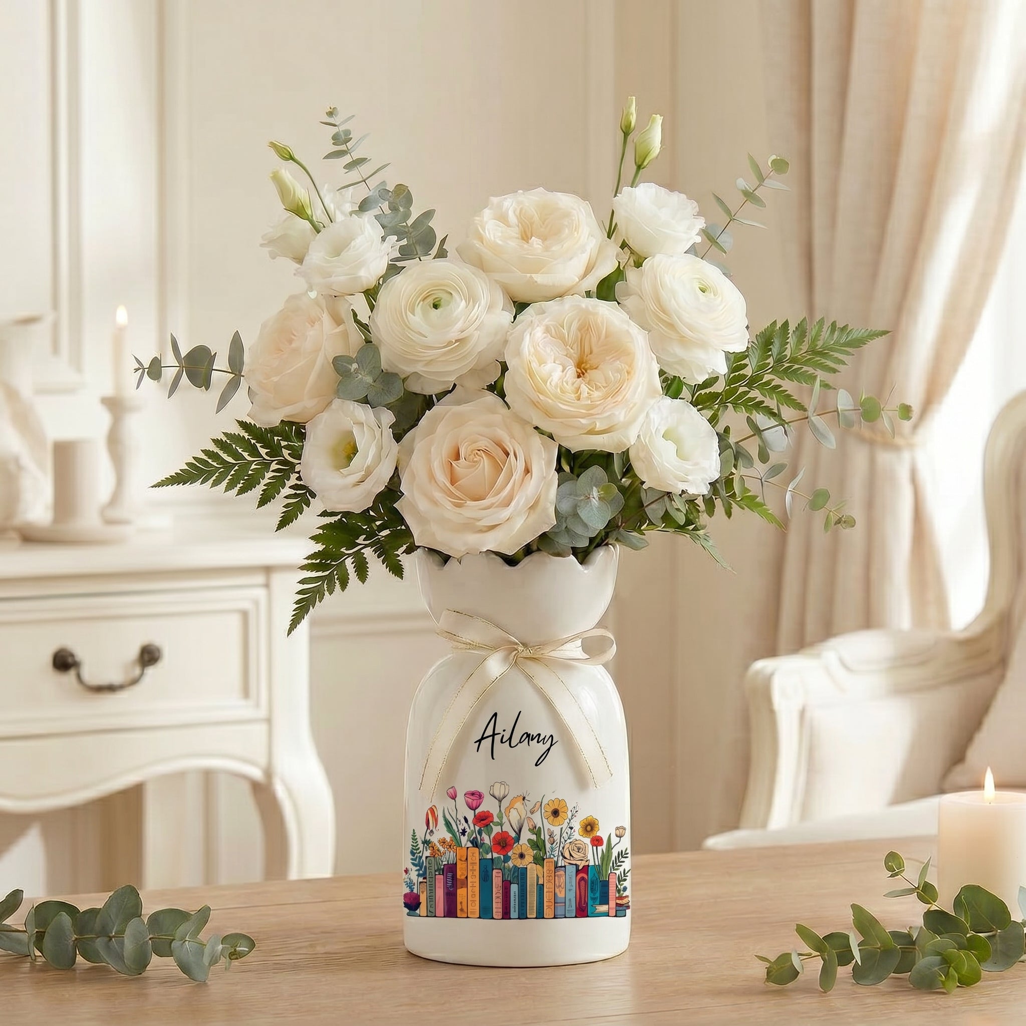 Personalized Vintage Bookshelf Library Ceramic Flower Vase – Book Lover Gift
