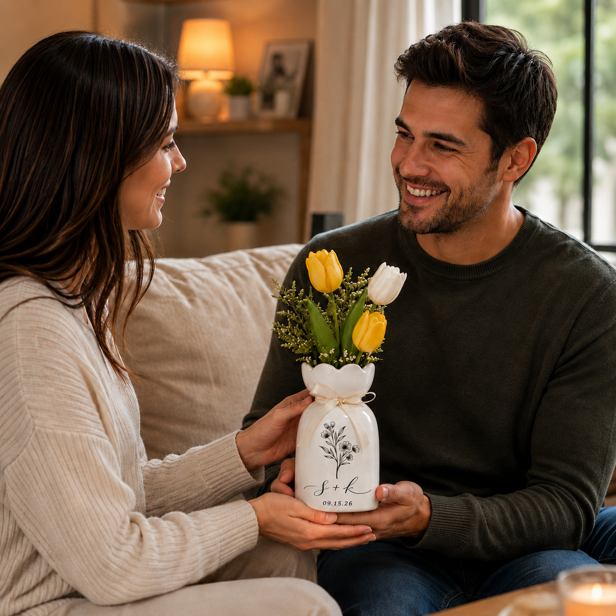 Custom Ceramic Botanical Flower Vase – Personalized Wedding Vase Gift for Couples