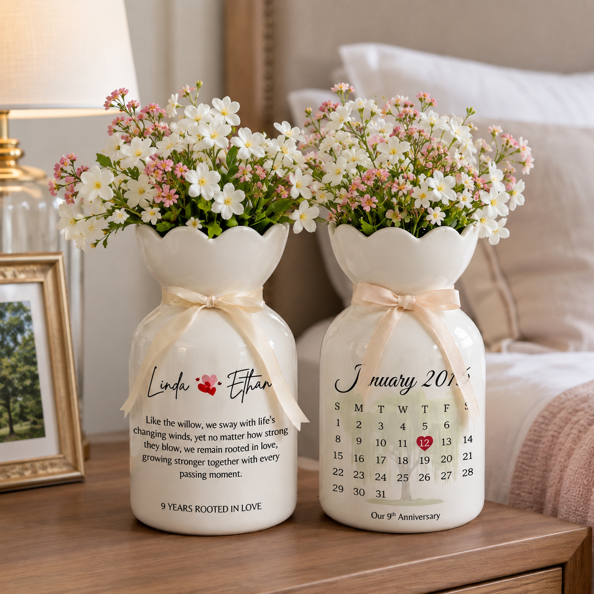 Personalized 9th Anniversary Willow Tree Flower Vase – Custom Ceramic Anniversary Gift for Wife & Couples