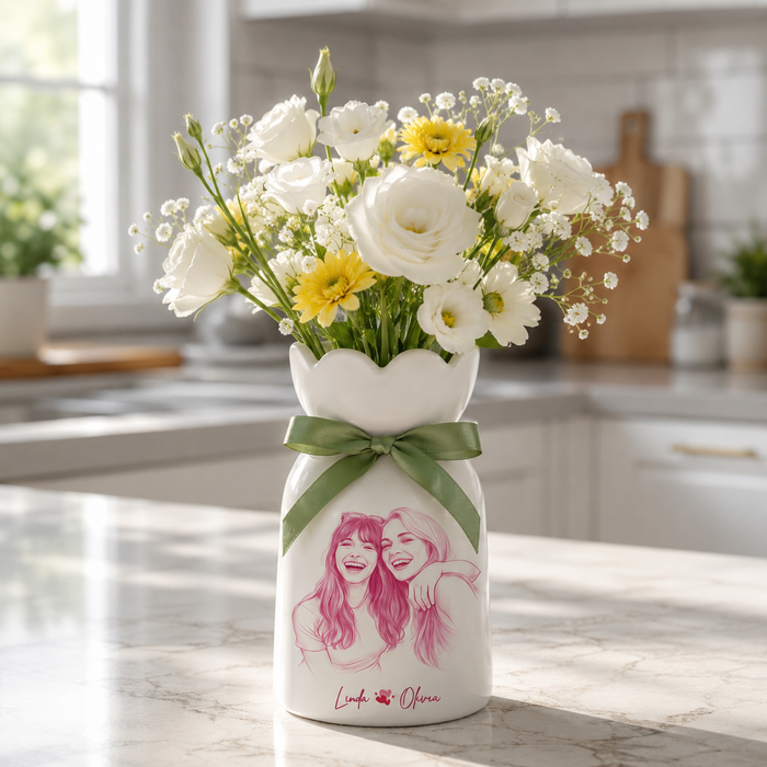 Personalized Besties Photo Ceramic Vase – Custom Photo Best Friend Flower Vase