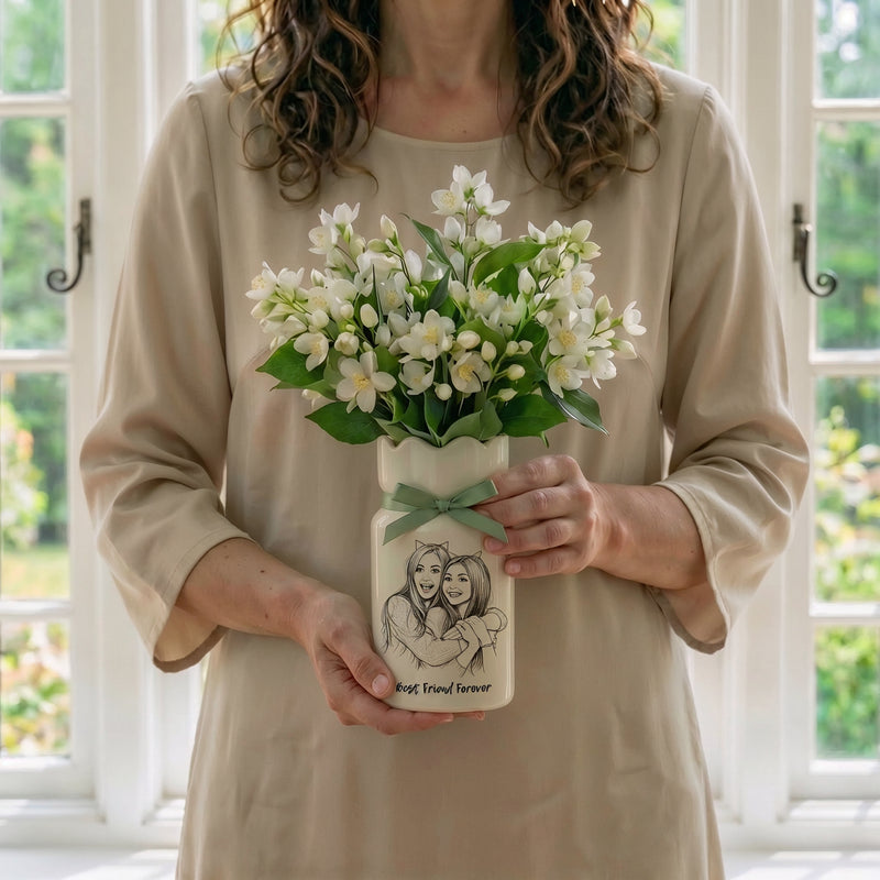 Personalized Besties Photo Ceramic Vase – Custom Photo Best Friend Flower Vase