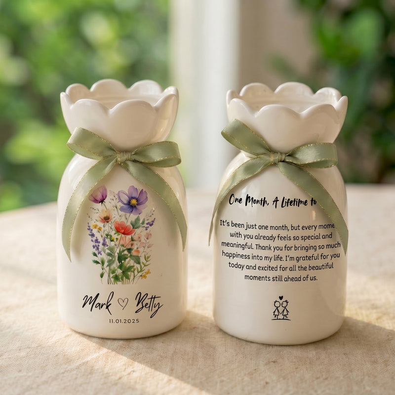 Personalized Wedding Flower Vase, Custom Birth Flower Couple Gift with Names & Wedding Date