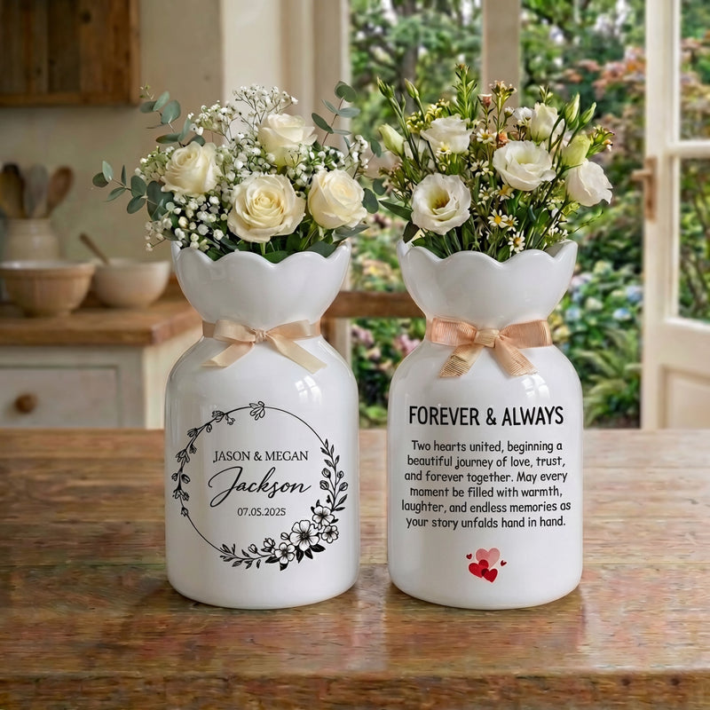 Custom Ceramic Botanical Flower Vase – Personalized Wedding Vase Gift for Couples
