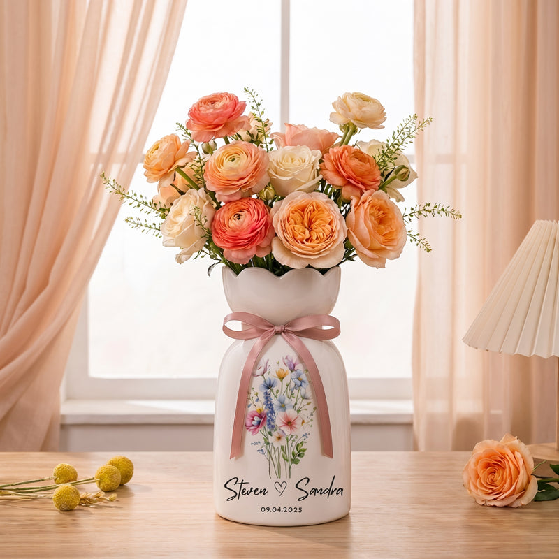 Personalized Wedding Flower Vase, Custom Birth Flower Couple Gift with Names & Wedding Date