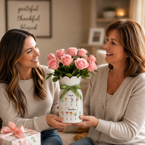Custom First Mom Now Grandma Ceramic Flower Vase – Personalized Birth Month Flower Grandma’s Garden Gift