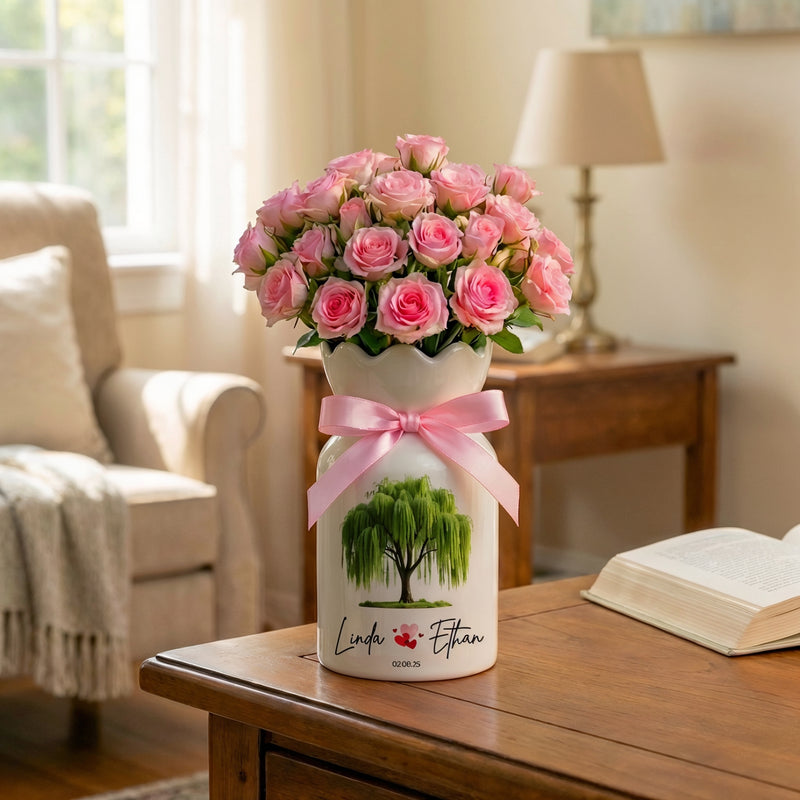 Personalized 9th Anniversary Willow Tree Flower Vase – Custom Ceramic Anniversary Gift for Wife & Couples