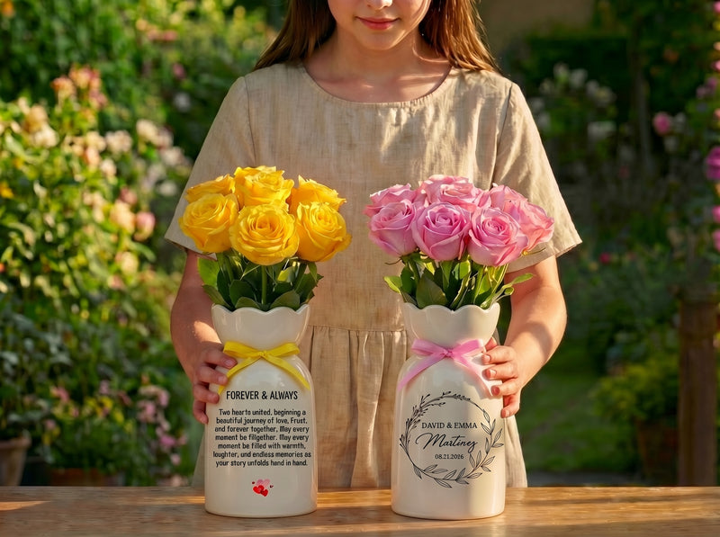 Custom Ceramic Botanical Flower Vase – Personalized Wedding Vase Gift for Couples