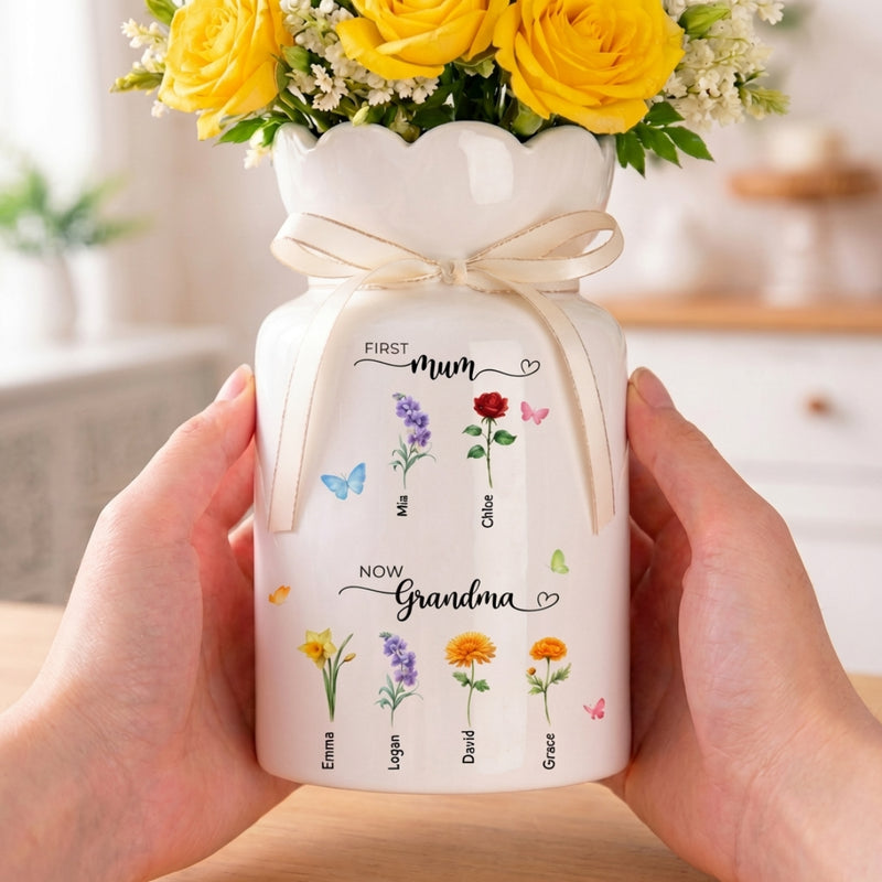 Custom First Mom Now Grandma Ceramic Flower Vase – Personalized Birth Month Flower Grandma’s Garden Gift