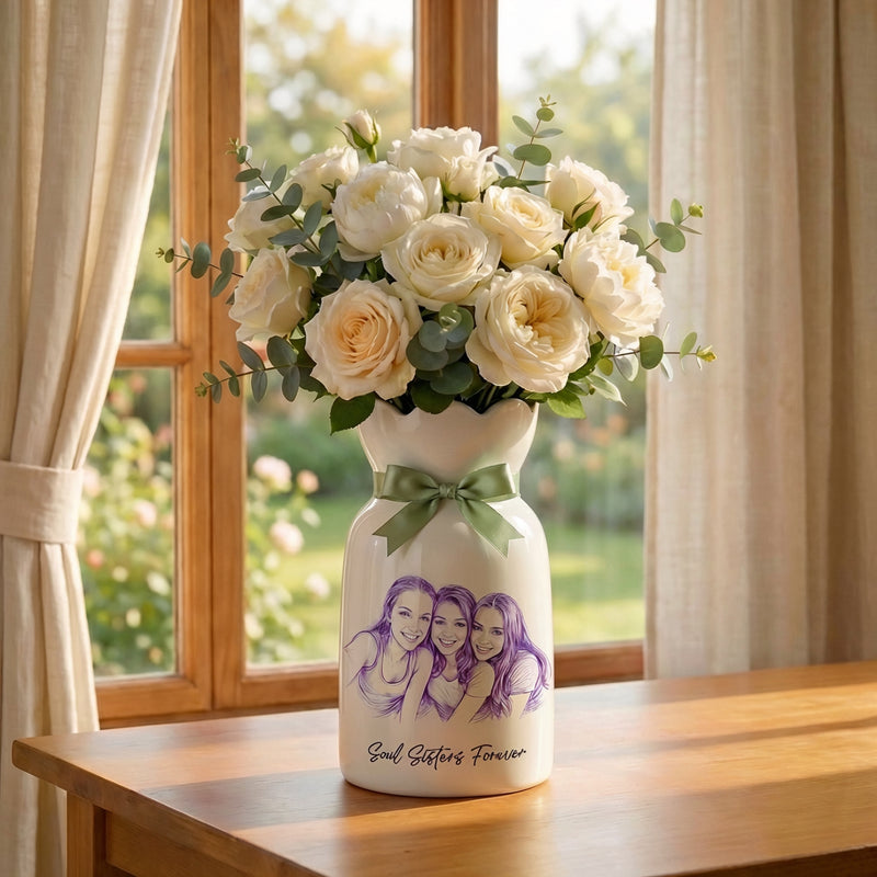 Personalized Besties Photo Ceramic Vase – Custom Photo Best Friend Flower Vase