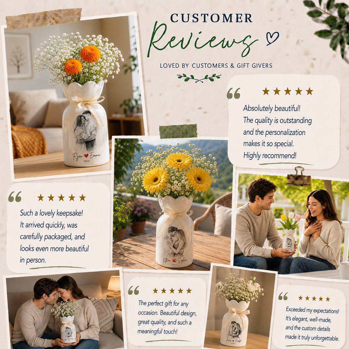 Custom Line Portrait Flower Vase – Personalized Ceramic Couple Photo Vase