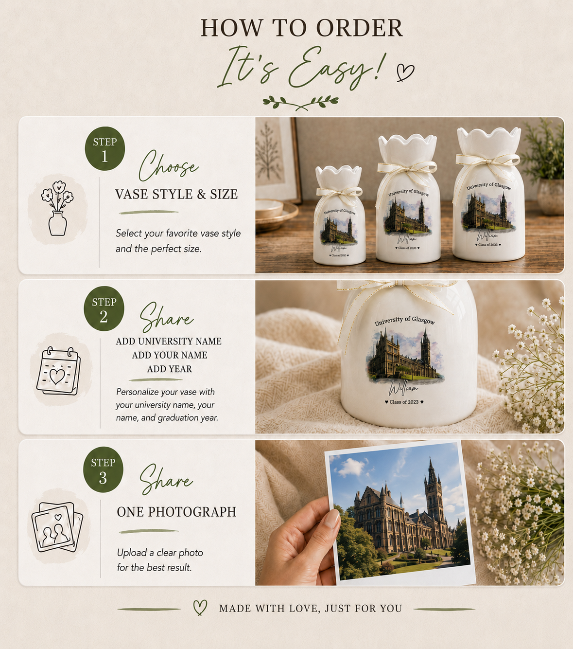 Custom University Vase – Personalized College Graduation Gift, Class of 2026 Keepsake